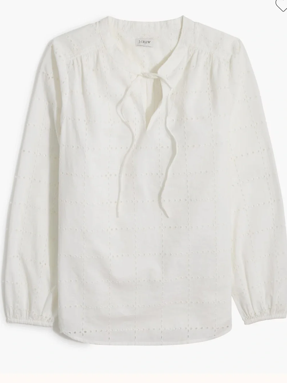 J.Crew White Eyelet Tie-Neck Peasant Top S